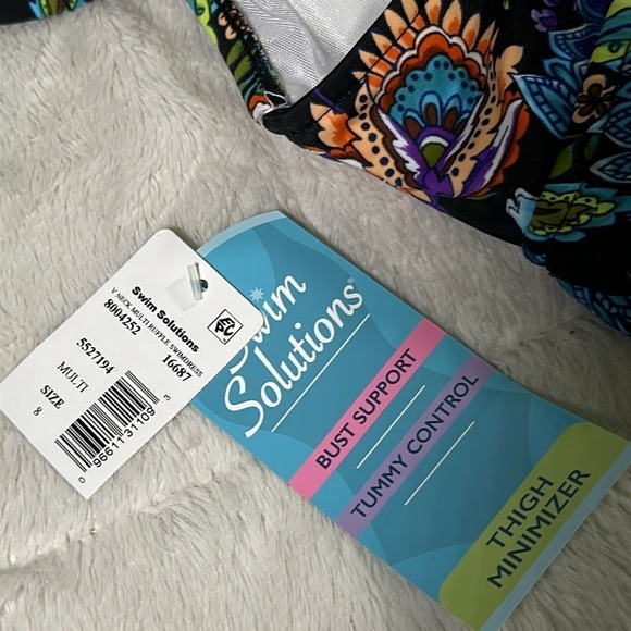 Swim Solutions Boho Paisley Multicolored V-Neck Ruffle one piece Swim Dress sz 8 - Picture 5 of 16